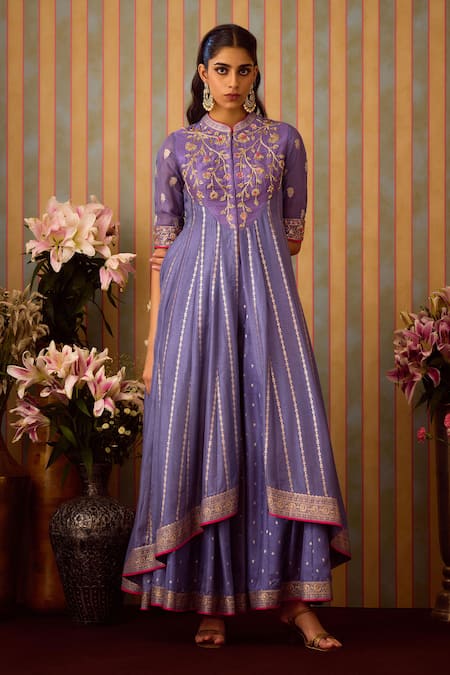 Shyam Narayan Prasad_Purple Organza, Viscose Embroidery, Sequins Zardozi Anarkali Sharara Set _Online_at_Aza_Fashions