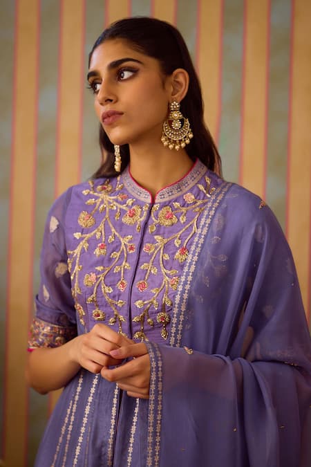 Buy_Shyam Narayan Prasad_Purple Organza, Viscose Embroidery, Sequins Zardozi Anarkali Sharara Set _Online_at_Aza_Fashions