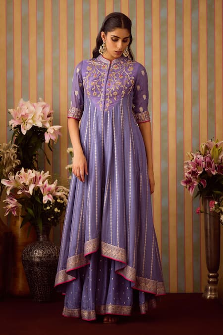 Shop_Shyam Narayan Prasad_Purple Organza, Viscose Embroidery, Sequins Zardozi Anarkali Sharara Set _Online_at_Aza_Fashions