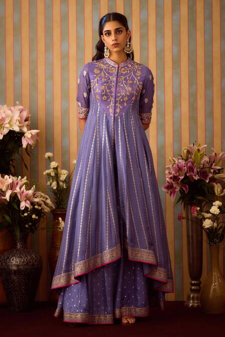 Shyam Narayan Prasad_Purple Organza, Viscose Embroidery, Sequins Zardozi Anarkali Sharara Set _at_Aza_Fashions