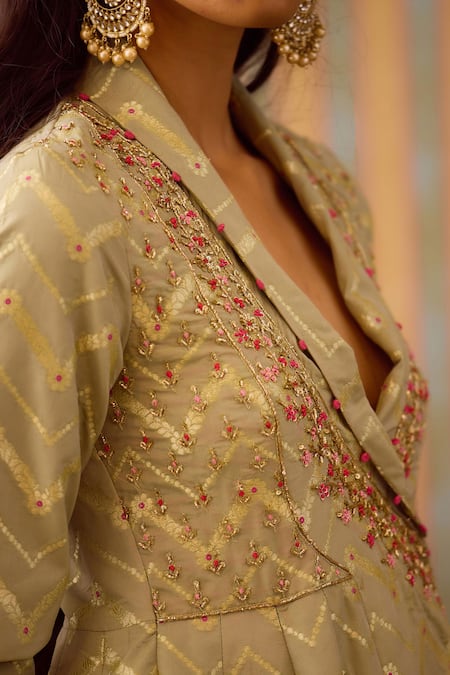 Buy_Shyam Narayan Prasad_Green Organza, Brocade Zari Shawl Neck Chevron Woven Angarkha Anarkali Set _Online_at_Aza_Fashions