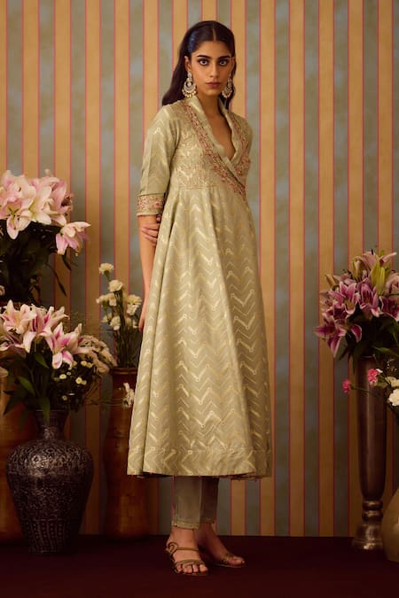 Shop_Shyam Narayan Prasad_Green Organza, Brocade Zari Shawl Neck Chevron Woven Angarkha Anarkali Set _Online_at_Aza_Fashions