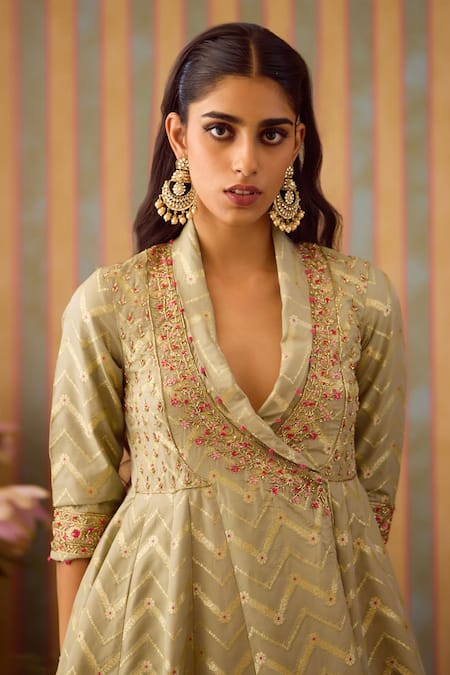 Buy_Shyam Narayan Prasad_Green Organza, Brocade Zari Shawl Neck Chevron Woven Angarkha Anarkali Set 