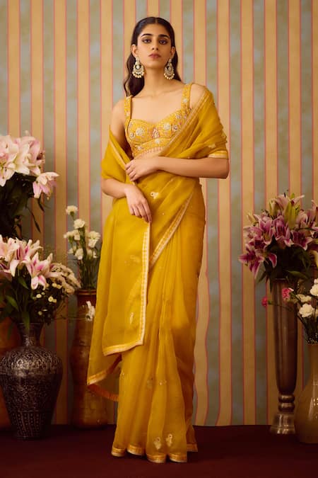 Shyam Narayan Prasad Floral Placement Embroidered Saree With Blouse 