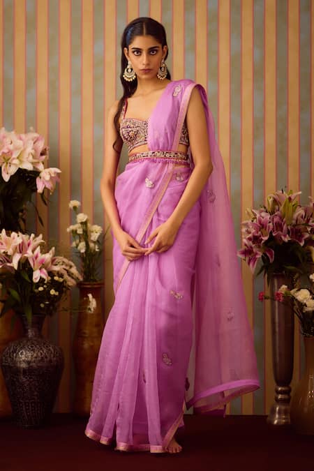 Shyam Narayan Prasad_Purple Organza, Brocade Zari Sweetheart Neck Zardozi Work Saree With Blouse _Online_at_Aza_Fashions