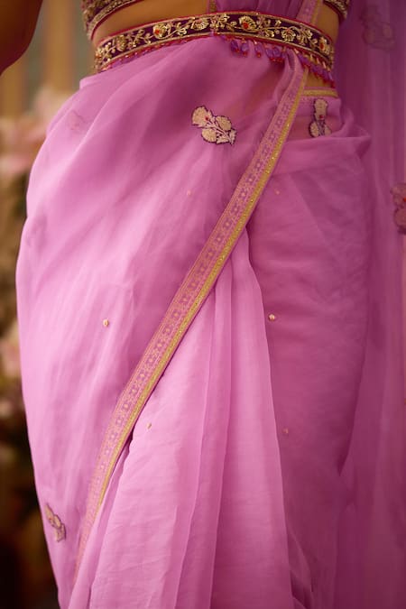 Buy_Shyam Narayan Prasad_Purple Organza, Brocade Zari Sweetheart Neck Zardozi Work Saree With Blouse _Online_at_Aza_Fashions