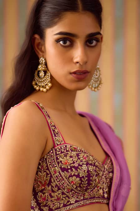 Shop_Shyam Narayan Prasad_Purple Organza, Brocade Zari Sweetheart Neck Zardozi Work Saree With Blouse _Online_at_Aza_Fashions