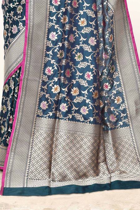Buy_Naaritva India_Blue Kota Doria Embroidery Floral Jaal Woven Banarasi Saree With Running Blouse _Online_at_Aza_Fashions