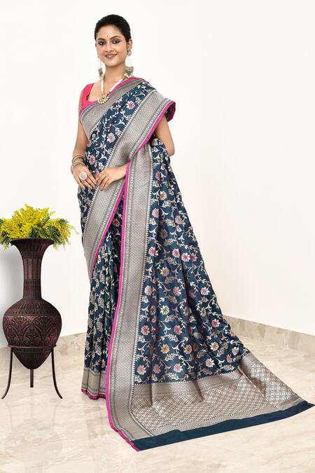 Shop_Naaritva India_Blue Kota Doria Embroidery Floral Jaal Woven Banarasi Saree With Running Blouse _Online_at_Aza_Fashions