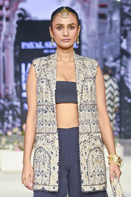 Payal Singhal_Off White Georgette Embroidered Geometric Jacket Notched Lapel Balloon Pant Set _Online_at_Aza_Fashions