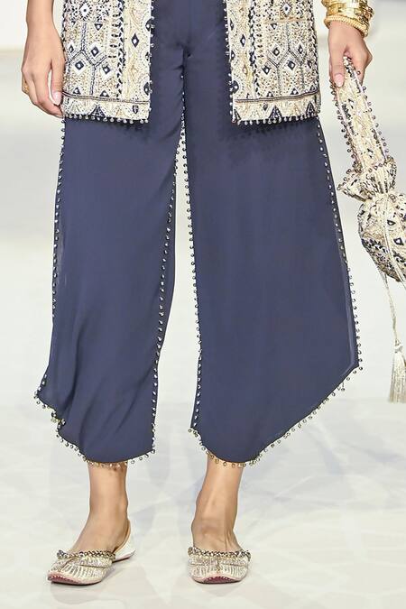 Buy_Payal Singhal_Off White Georgette Embroidered Geometric Jacket Notched Lapel Balloon Pant Set _Online_at_Aza_Fashions