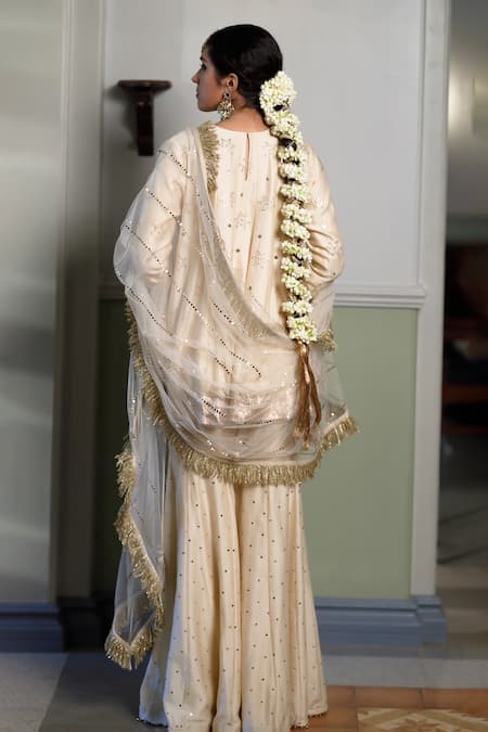 Shop Payal Singhal Beige Muslin Mirrors, Afreen Star Mukaish Embellished Short Anarkali Sharara Set at Aza Fashions Shop_Payal Singhal_Beige Muslin Mirrors, Afreen Star Mukaish Embellished Short Anarkali Sharara Set _at_Aza_Fashions