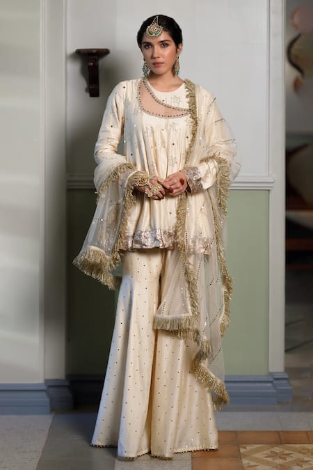 Payal Singhal Beige Muslin Mirrors, Afreen Star Mukaish Embellished Short Anarkali Sharara Set Online at Aza Fashions Payal Singhal_Beige Muslin Mirrors, Afreen Star Mukaish Embellished Short Anarkali Sharara Set _Online_at_Aza_Fashions