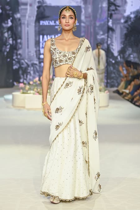 Payal Singhal Ivory Net Embroidered Zardozi Round Najia Floral Scalloped Saree With Blouse 