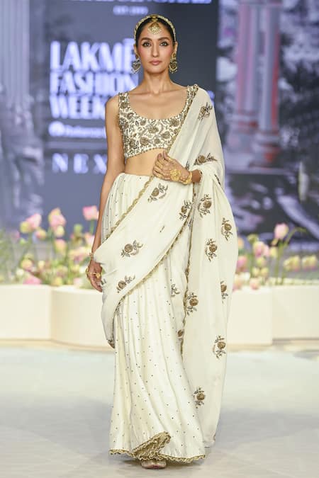 Payal Singhal Najia Floral Zardozi Embroidered Scalloped Saree With Blouse 