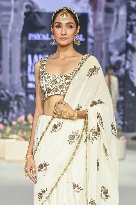 Buy Payal Singhal Ivory Georgette, Najia Floral Zardozi Embroidered Scalloped Saree With Blouse Online at Aza Fashions Buy_Payal Singhal_Ivory Georgette, Najia Floral Zardozi Embroidered Scalloped Saree With Blouse _Online_at_Aza_Fashions