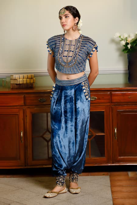 Payal Singhal Blue Velvet Embroidered Zardozi Round Qirat Floral Blouse With Low Crotch Pant 