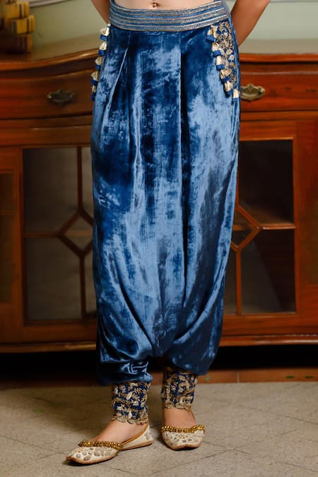 Payal Singhal_Blue Velvet Lace, Qirat Floral Zardozi Embroidered Blouse With Low Crotch Pant _Online_at_Aza_Fashions