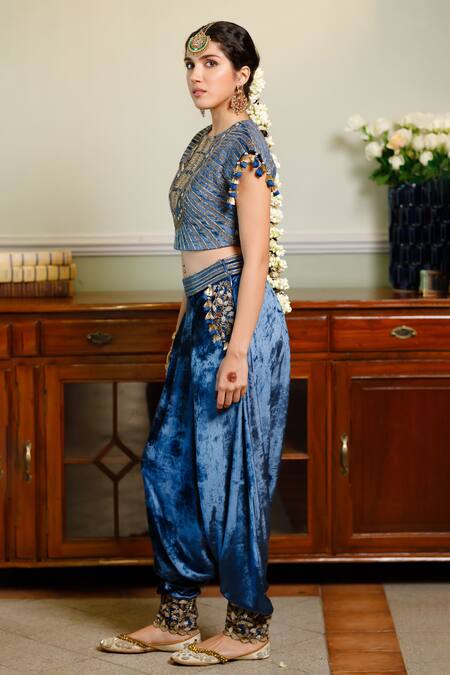 Buy_Payal Singhal_Blue Velvet Lace, Qirat Floral Zardozi Embroidered Blouse With Low Crotch Pant _Online_at_Aza_Fashions