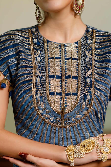 Shop_Payal Singhal_Blue Velvet Lace, Qirat Floral Zardozi Embroidered Blouse With Low Crotch Pant _Online_at_Aza_Fashions