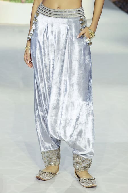Buy_Payal Singhal_Grey Velvet Tassels, Lace, Qirat Zardozi Floral Blouse With Low Crotch Pant _Online_at_Aza_Fashions