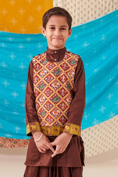 Shop Cute Couture Brown Silk Print Elephant Motif Bundi Kurta Set Online at Aza Fashions Shop_Cute Couture_Brown Silk Print Elephant Motif Bundi Kurta Set _Online_at_Aza_Fashions