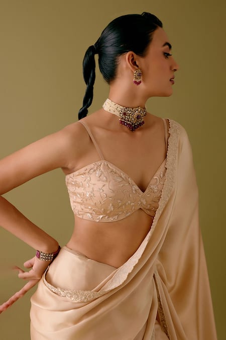 Shop_Devnaagri_Beige Organza, Satin Embroidery Zari Thread Border Saree With Blouse _Online_at_Aza_Fashions