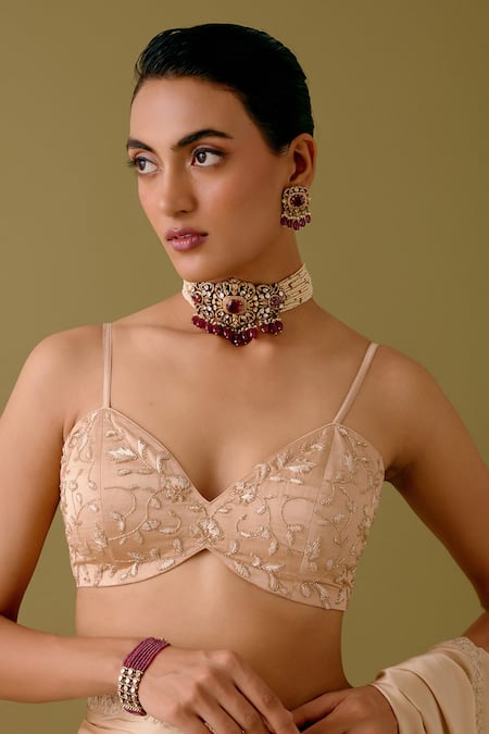 Devnaagri_Beige Organza, Satin Embroidery Zari Thread Border Saree With Blouse _at_Aza_Fashions