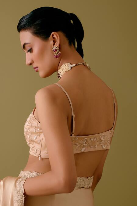 Buy_Devnaagri_Beige Organza, Satin Embroidery Zari Thread Border Saree With Blouse 