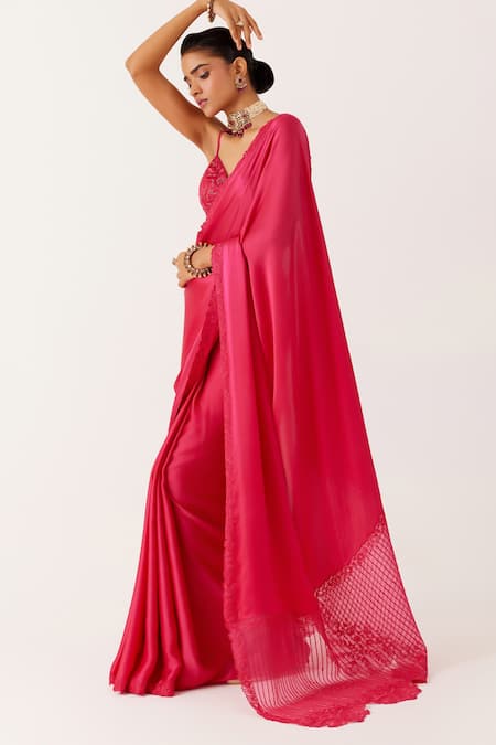 Buy_Devnaagri_Fuchsia Organza, Satin Cutwork Border Embroidered Saree With Blouse _Online_at_Aza_Fashions