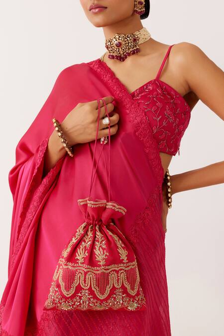 Devnaagri_Fuchsia Organza, Satin Cutwork Border Embroidered Saree With Blouse _at_Aza_Fashions