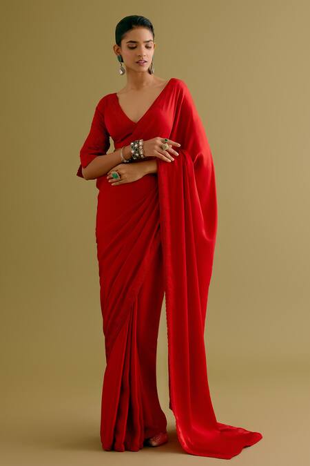 Devnaagri_Red Silk Satin Embroidery V-neck Thread Border Saree With Blouse _Online_at_Aza_Fashions
