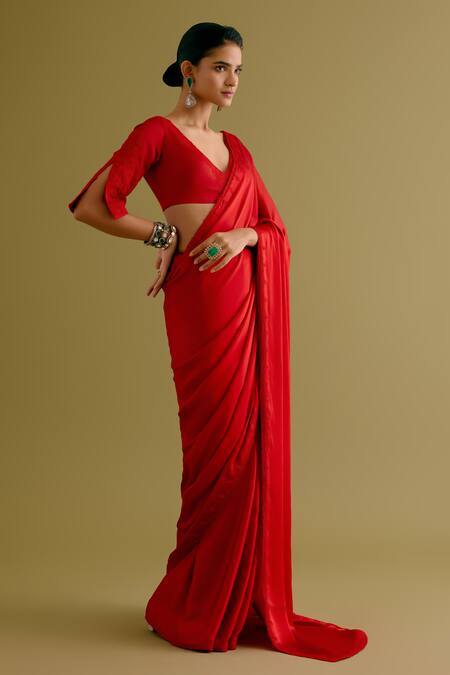 Shop_Devnaagri_Red Silk Satin Embroidery V-neck Thread Border Saree With Blouse _Online_at_Aza_Fashions