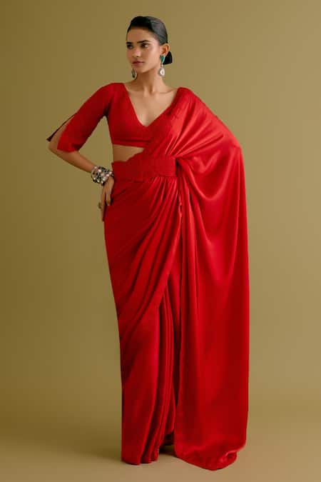 Devnaagri_Red Silk Satin Embroidery V-neck Thread Border Saree With Blouse _at_Aza_Fashions