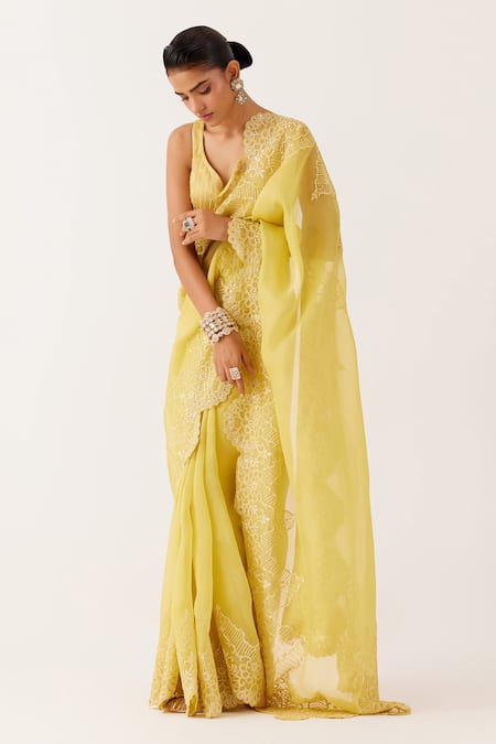 Devnaagri Yellow Organza, Satin Sequins, Dori Border Saree With Blouse Online at Aza Fashions Devnaagri_Yellow Organza, Satin Sequins, Dori Border Saree With Blouse _Online_at_Aza_Fashions