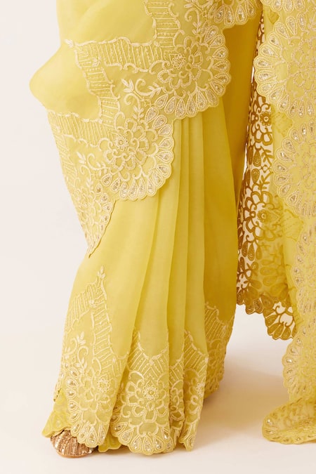 Shop Devnaagri Yellow Organza, Satin Sequins, Dori Border Saree With Blouse Online at Aza Fashions Shop_Devnaagri_Yellow Organza, Satin Sequins, Dori Border Saree With Blouse _Online_at_Aza_Fashions