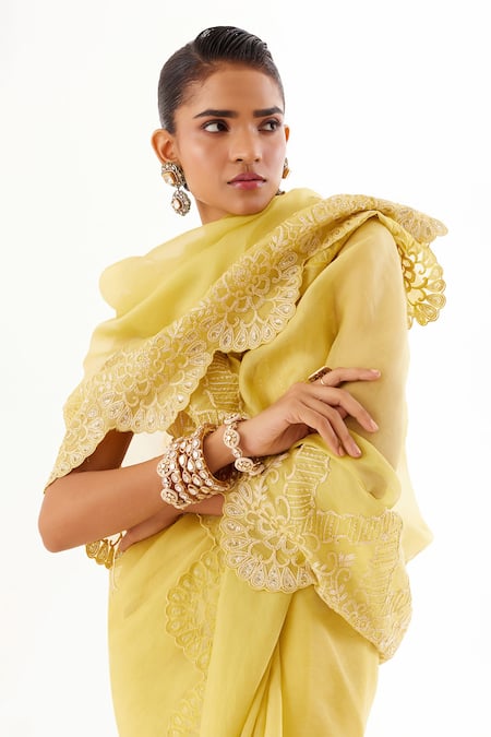 Devnaagri Yellow Organza, Satin Sequins, Dori Border Saree With Blouse at Aza Fashions Devnaagri_Yellow Organza, Satin Sequins, Dori Border Saree With Blouse _at_Aza_Fashions