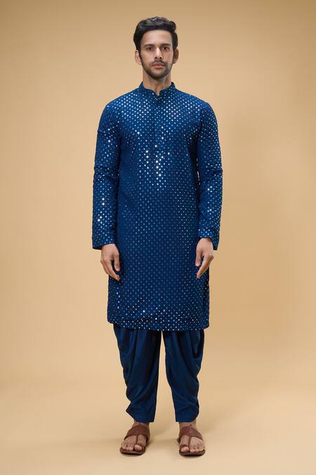 Hilo Design_Blue Cotton Mirrors Embroidered Kurta Set_Online_at_Aza_Fashions