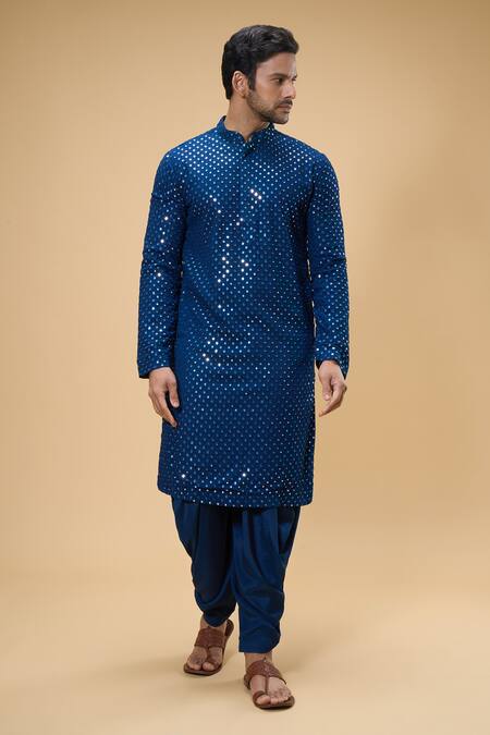Buy_Hilo Design_Blue Cotton Mirrors Embroidered Kurta Set_Online_at_Aza_Fashions