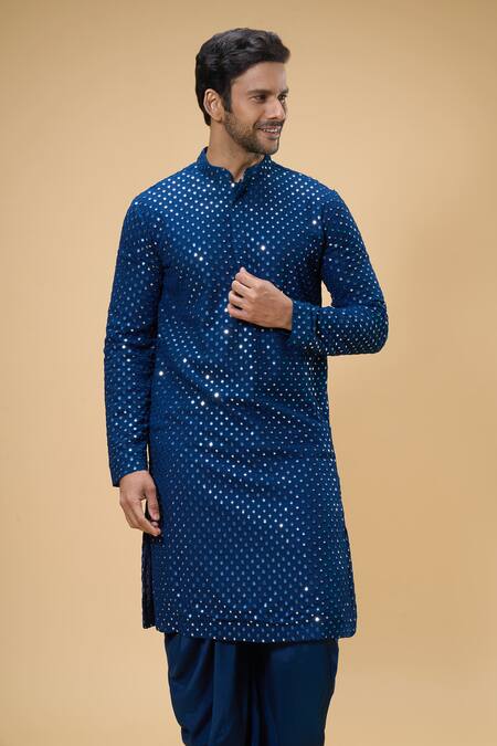 Shop_Hilo Design_Blue Cotton Mirrors Embroidered Kurta Set_Online_at_Aza_Fashions
