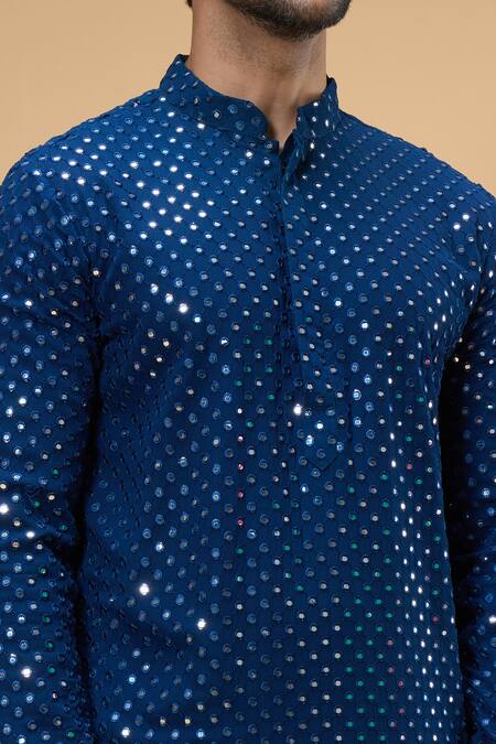 Hilo Design_Blue Cotton Mirrors Embroidered Kurta Set_at_Aza_Fashions