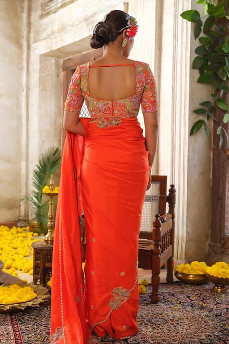 Shop Anu Pellakuru Orange Silk, Crepe Cut Work, Pearls, Zari Florence Bliss Embroidered Saree Set at Aza Fashions Shop_Anu Pellakuru_Orange Silk, Crepe Cut Work, Pearls, Zari Florence Bliss Embroidered Saree Set _at_Aza_Fashions