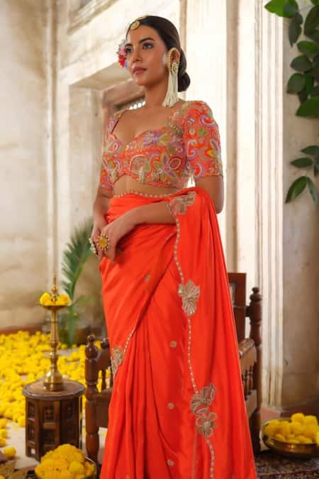 Anu Pellakuru Orange Silk, Crepe Cut Work, Pearls, Zari Florence Bliss Embroidered Saree Set Online at Aza Fashions Anu Pellakuru_Orange Silk, Crepe Cut Work, Pearls, Zari Florence Bliss Embroidered Saree Set _Online_at_Aza_Fashions