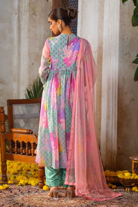 Shop_Anu Pellakuru_Green Chiffon, Cotton, Net Pearls, Cut Work, Floral Print Anarkali Pant Set _at_Aza_Fashions