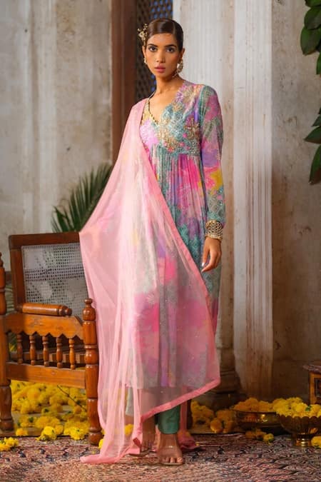 Anu Pellakuru Green Chiffon, Cotton, Net Pearls, Cut Work, Floral Print Anarkali Pant Set Online at Aza Fashions Anu Pellakuru_Green Chiffon, Cotton, Net Pearls, Cut Work, Floral Print Anarkali Pant Set _Online_at_Aza_Fashions