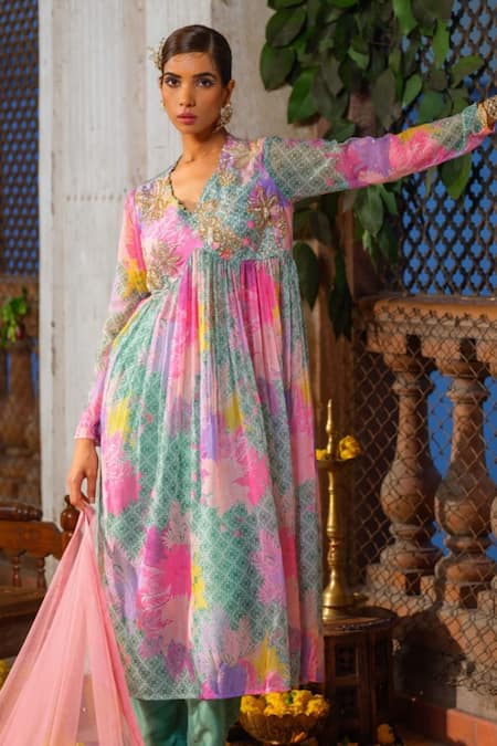 Buy Anu Pellakuru Green Chiffon, Cotton, Net Pearls, Cut Work, Floral Print Anarkali Pant Set Online at Aza Fashions Buy_Anu Pellakuru_Green Chiffon, Cotton, Net Pearls, Cut Work, Floral Print Anarkali Pant Set _Online_at_Aza_Fashions