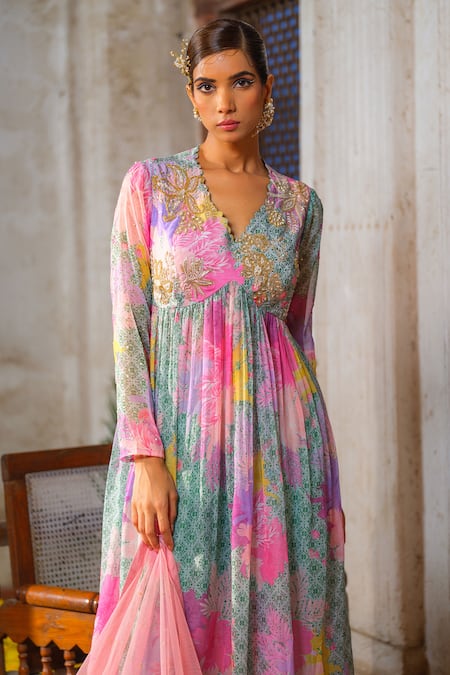 Shop_Anu Pellakuru_Green Chiffon, Cotton, Net Pearls, Cut Work, Floral Print Anarkali Pant Set _Online_at_Aza_Fashions