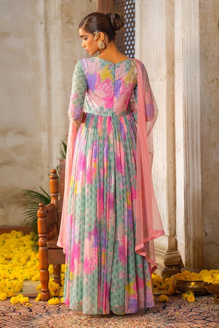 Shop_Anu Pellakuru_Green Chiffon, Crepe, Net Cut Work, Floral Print Embroidered Anarkali Pant Set _at_Aza_Fashions