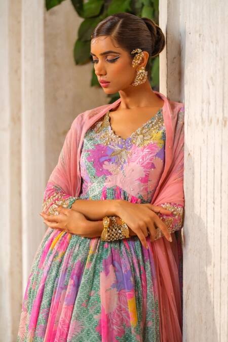 Anu Pellakuru_Green Chiffon, Crepe, Net Cut Work, Floral Print Embroidered Anarkali Pant Set _Online_at_Aza_Fashions