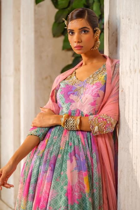 Buy_Anu Pellakuru_Green Chiffon, Crepe, Net Cut Work, Floral Print Embroidered Anarkali Pant Set _Online_at_Aza_Fashions
